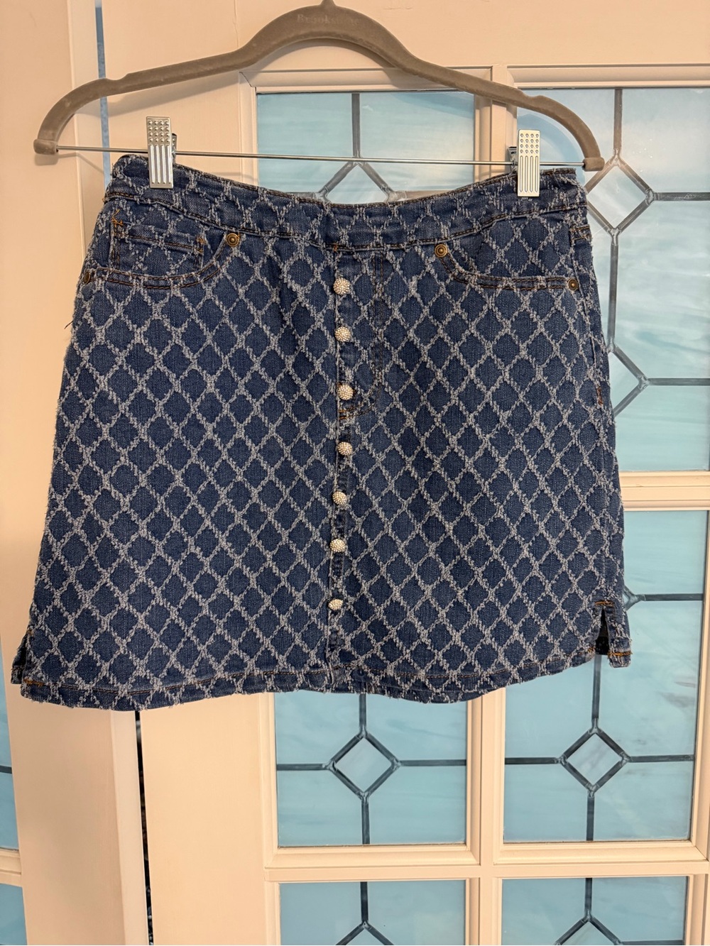 DG2 by Diane Gilman Blue Patterned Button-Front Denim Mini Skirt